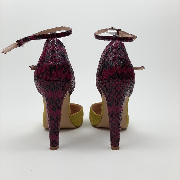 Allen Schwartz Citron Raspberry Deco Suede and Snakeskin Heels Size 9.5 - Picture 3 of 16